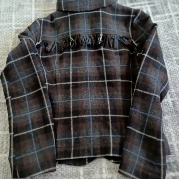 L.O.G.G H&M Wool Tweed Coat Fringe Buckle  Blazer Jacket Window Plaid Gray Sz 6 - Picture 8 of 9